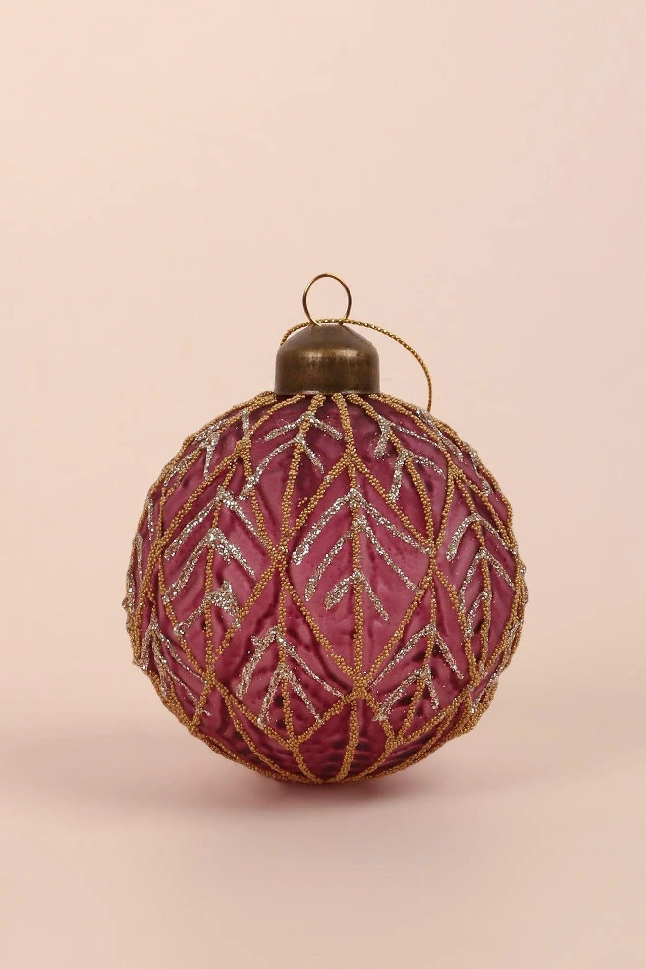 Set of 4 Pink Plum Glass Christmas Baubles with Gold and Silver Glitter — view 7, G Decor