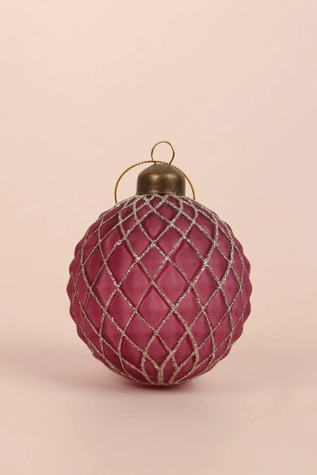 Set of 4 Pink Plum Glass Christmas Baubles with Gold and Silver Glitter — view 5, G Decor