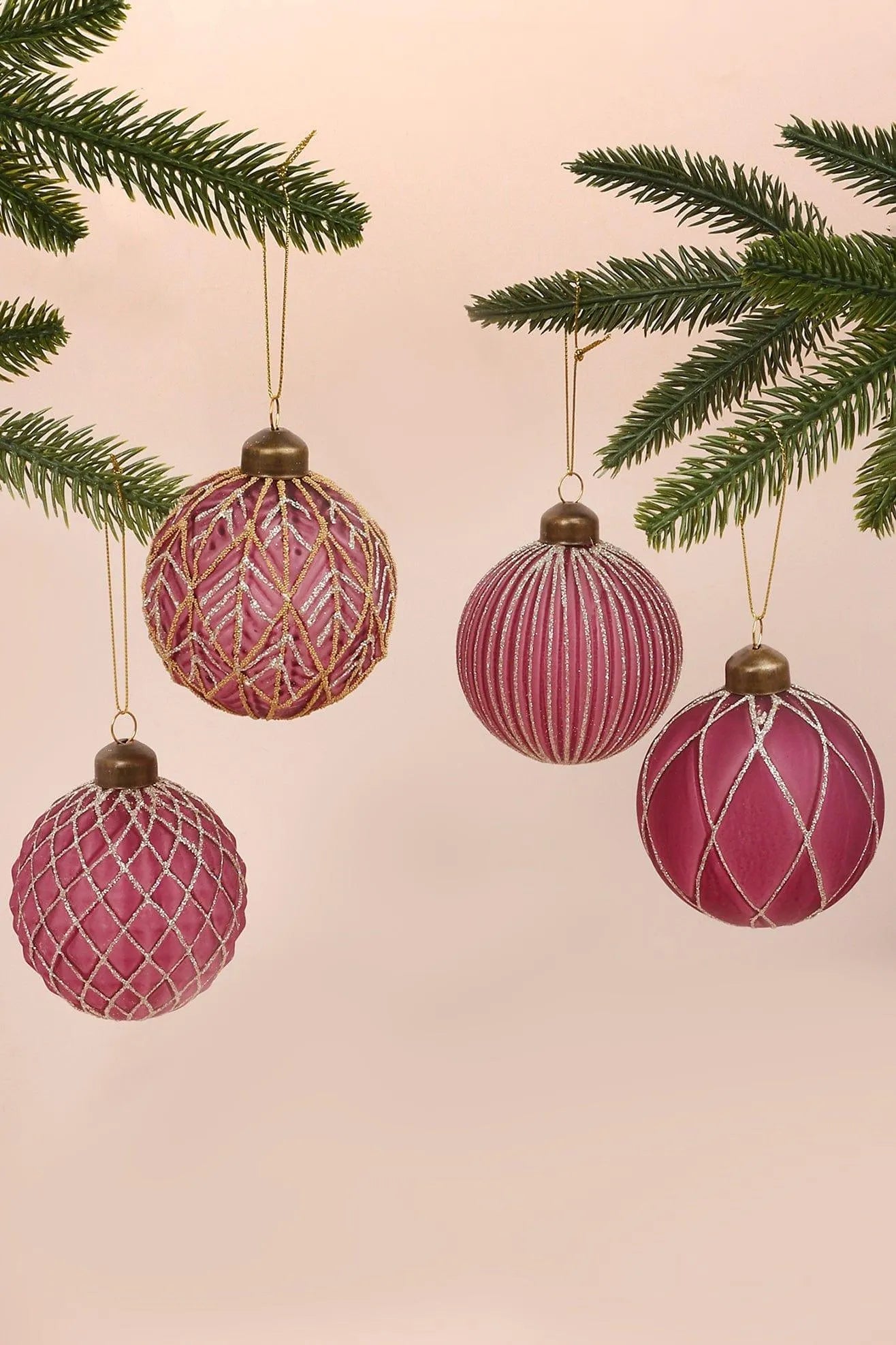 Set of 4 Pink Plum Glass Christmas Baubles with Gold and Silver Glitter — alternate view, G Decor