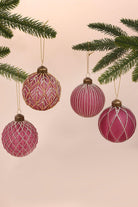 Set of 4 Hand-Painted Glass Rich Pink Plum Glass Christmas Tree Baubles with Gold and Silver Glitter Hanging Ornaments - G Decor