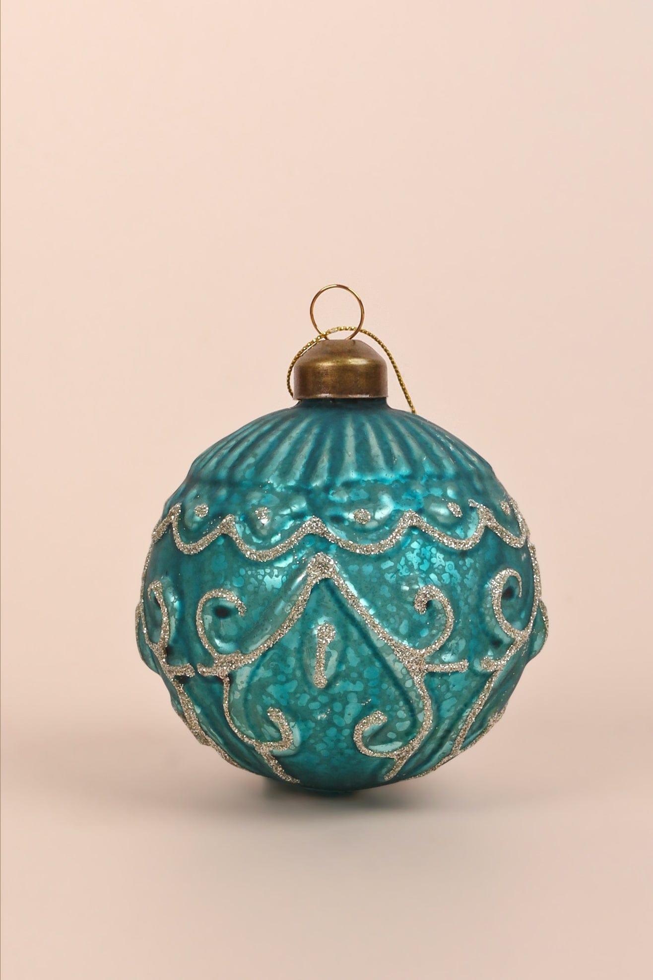 Set of 4 Hand-Painted Glass Turquoise Jubilee Glass Baubles With Silver Detailing Christmas Ornaments - G Decor