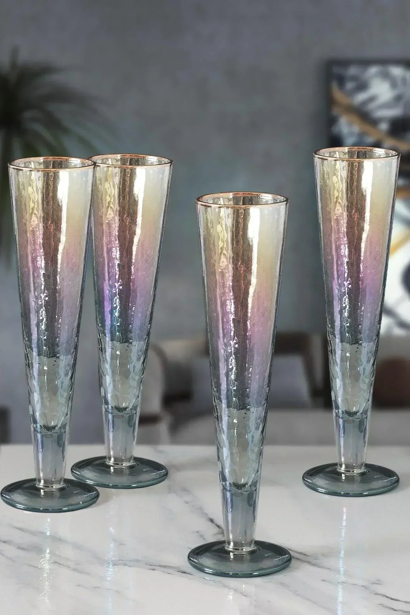 Set of 4 Handmade Iridescent Grey Hammered Champagne Flutes with Gold Rim - G Decor