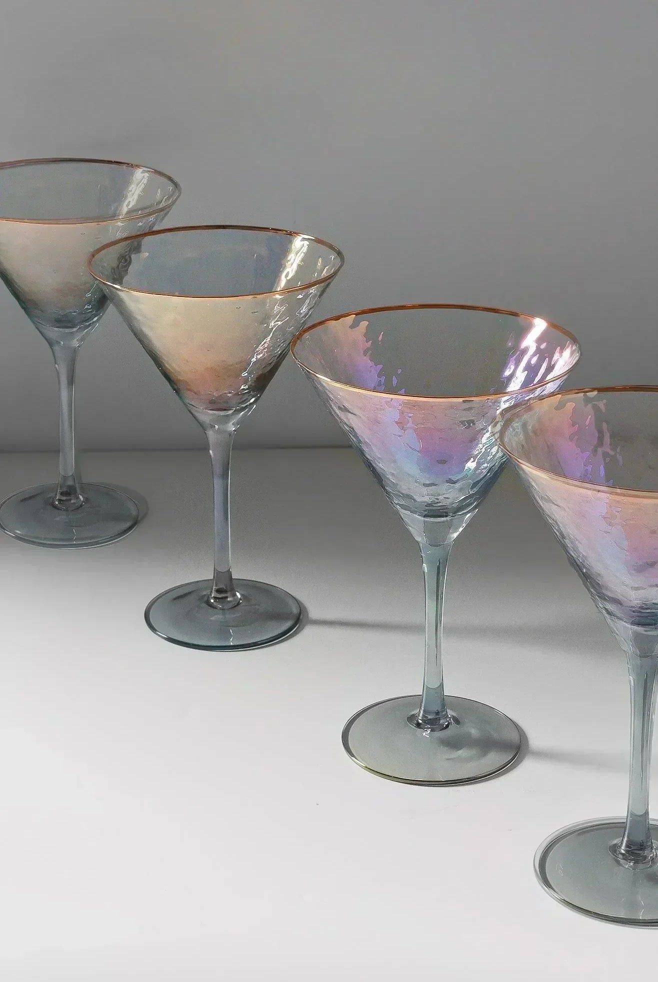Set of 4 Handmade Iridescent Grey Hammered Champagne Flutes with Gold Rim