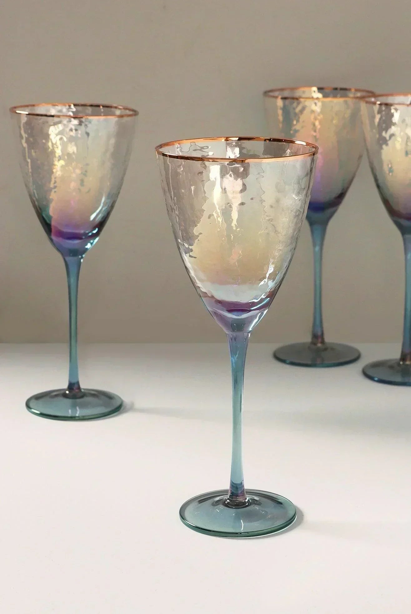 Set of 4 Handmade Iridescent Grey Hammered Champagne Flutes with Gold Rim