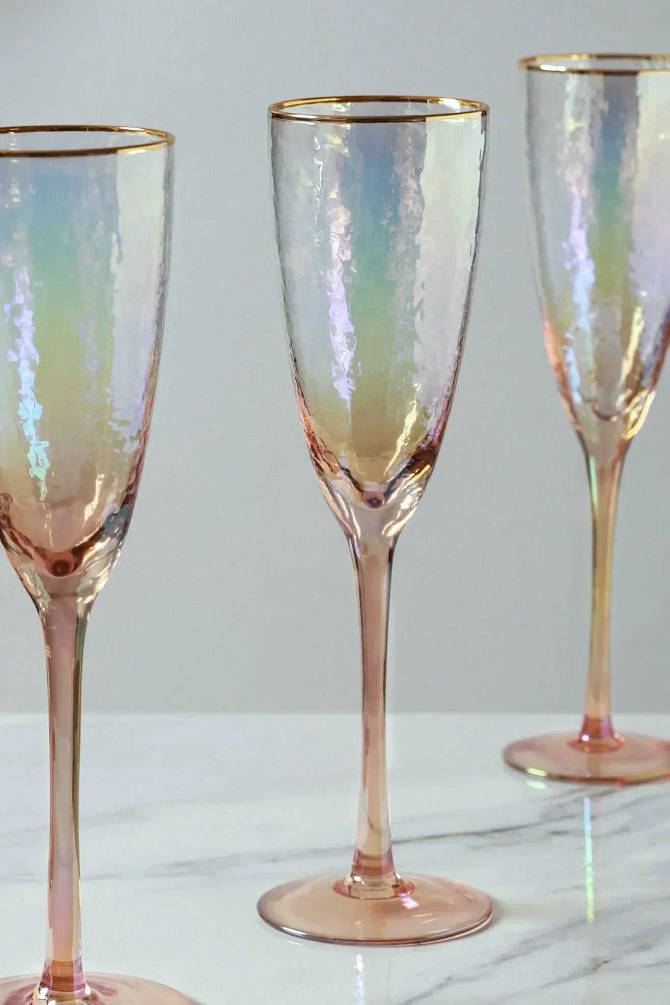 Set of 4 Handmade Iridescent Pearl Hammered Champagne Flutes with Gold Rim - G Decor