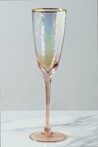 Set of 4 Handmade Iridescent Pearl Hammered Champagne Flutes with Gold Rim - G Decor
