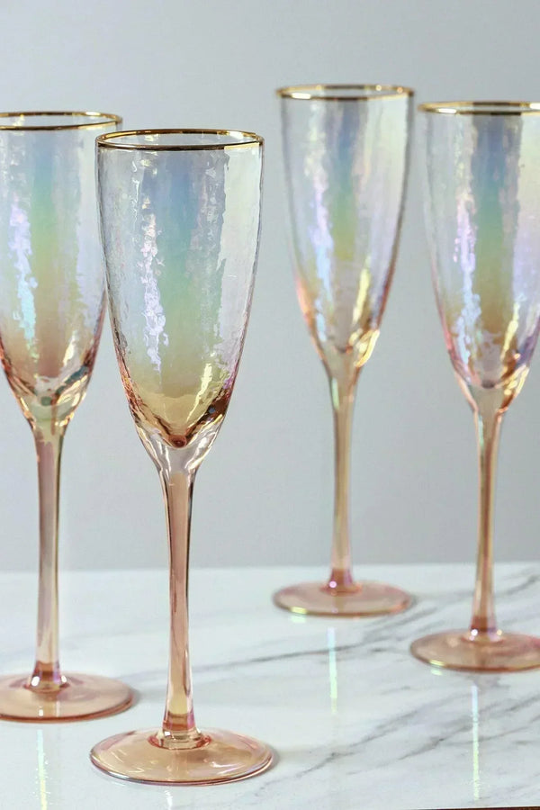 Iridescent Pearl Hammered Champagne Flutes with Gold Rim Set of 4