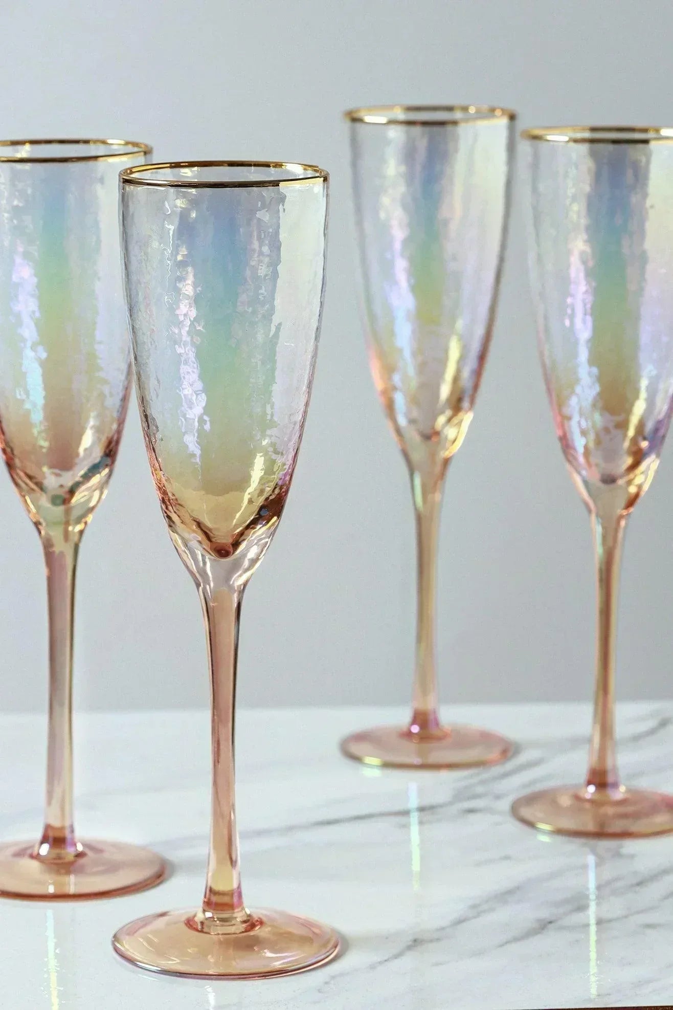 Set of 4 Handmade Iridescent Pearl Hammered Champagne Flutes with Gold Rim - G Decor