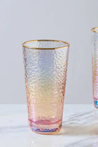Set of 4 Handmade Iridescent Pearl Hammered Tumbler Glasses with Gold Rim - G Decor