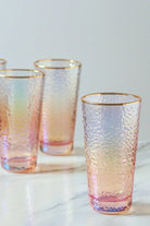 Set of 4 Handmade Iridescent Pearl Hammered Tumbler Glasses with Gold Rim - G Decor