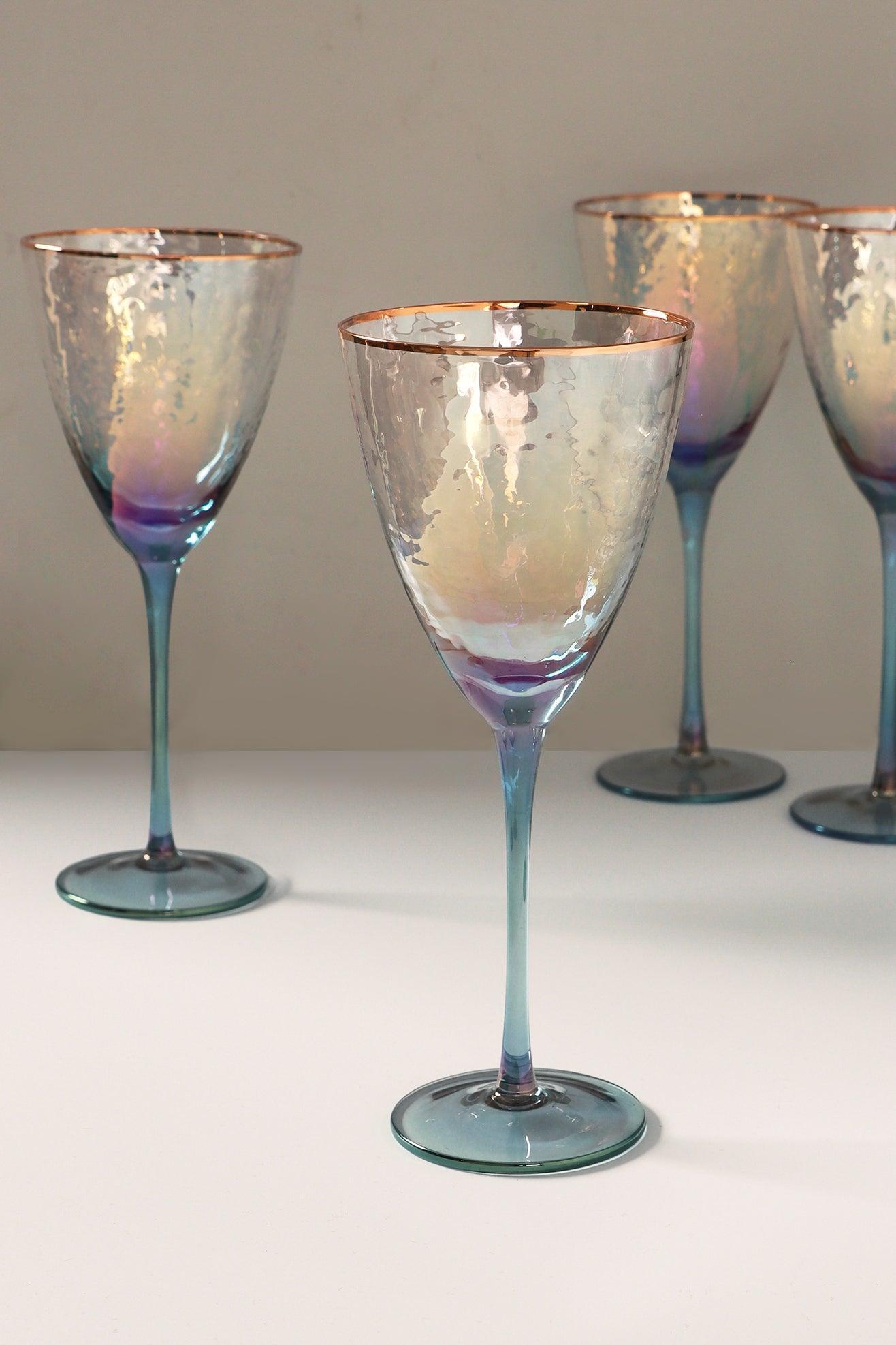 Set of 4 Iridescent Grey Hammered Wine Glasses - G Decor