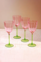 Set of 4 Laurent Wine Glasses Pink & Green Stem Fluted Water and Wine Goblets - G Decor