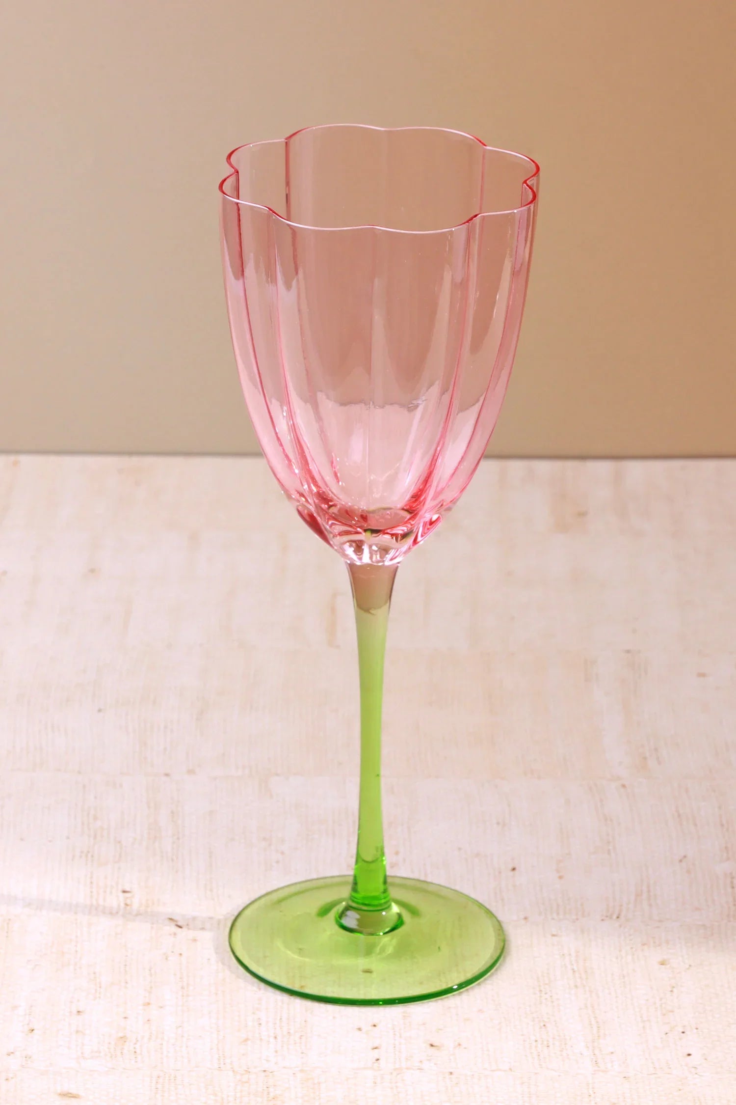 Set of 4 Laurent Wine Glasses Pink & Green Stem Fluted Water and Wine Goblets - G Decor