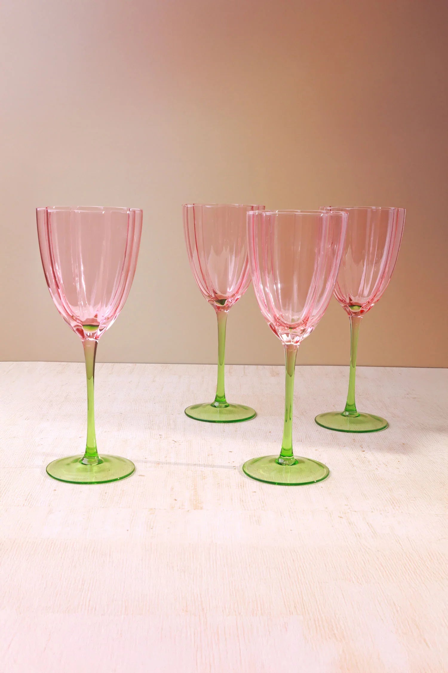 Set of 4 Laurent Wine Glasses Pink & Green Stem Fluted Water and Wine Goblets - G Decor