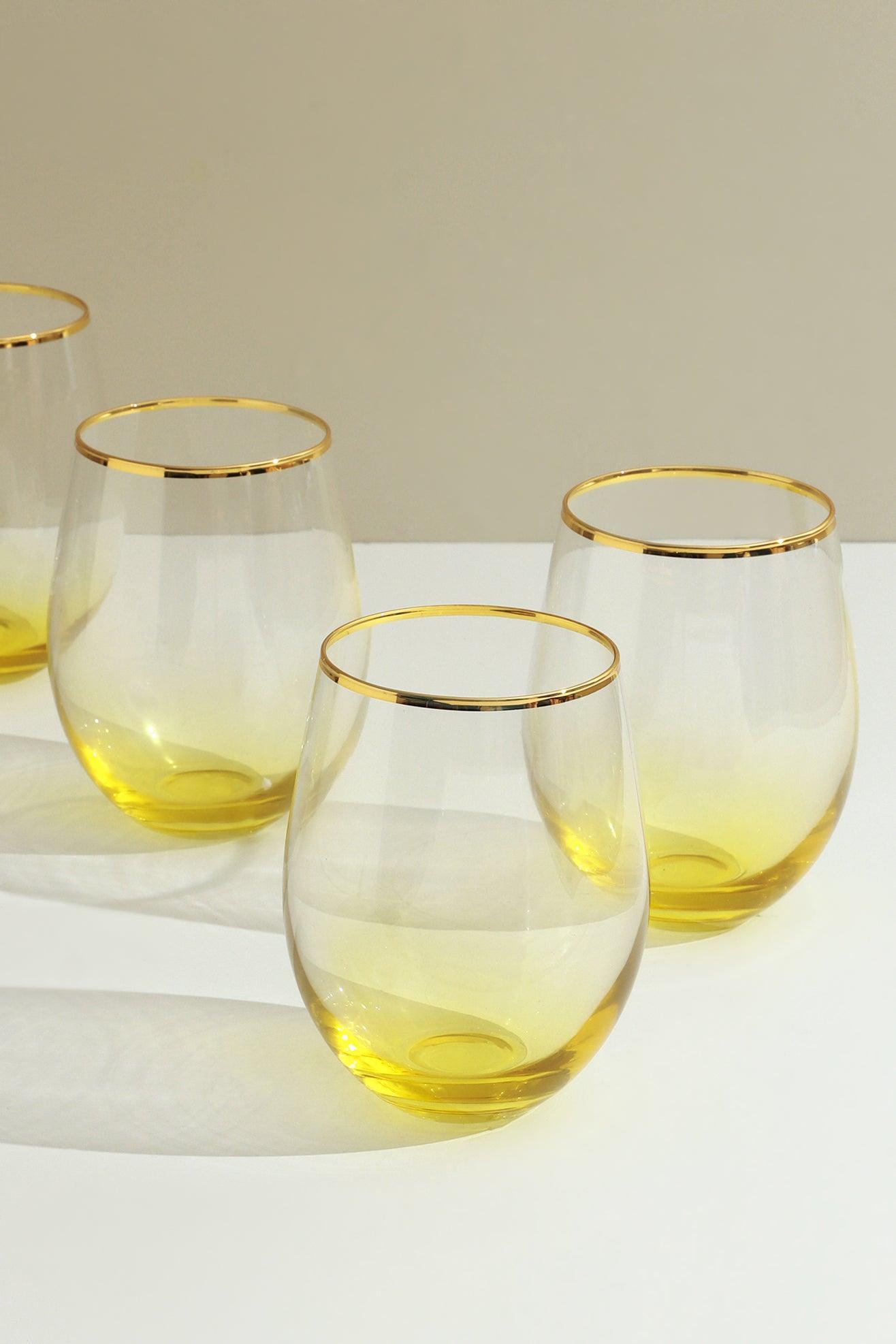 Set of 4 Lazaro Yellow Ombre Design with Gold Rim Tumbler Drinking Glasses - G Decor