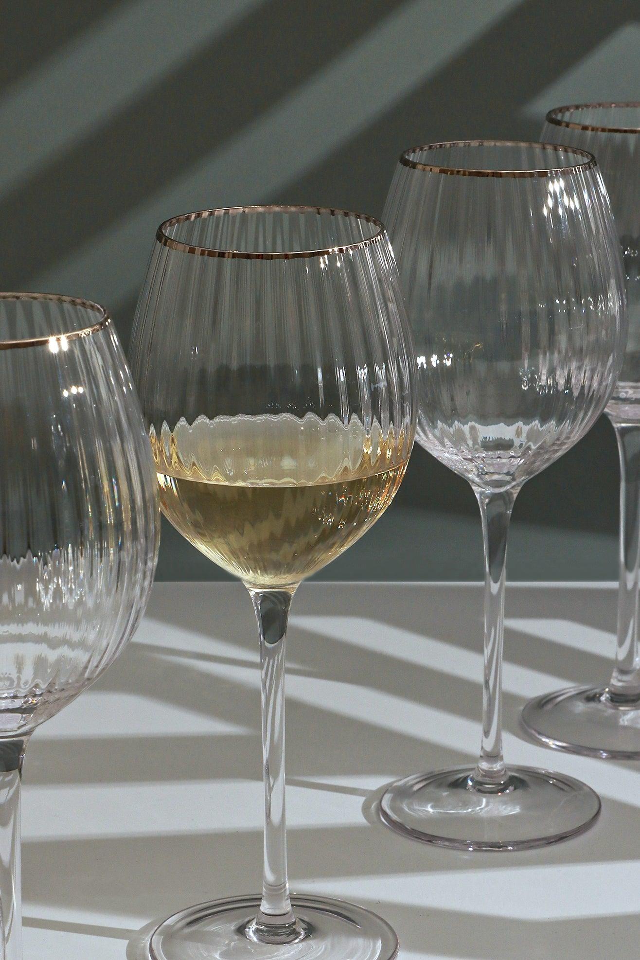 Set of 4 Ribbed Wine Glasses with Silver Rim - G Decor