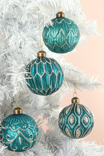 G Decor Christmas Decorations Blue Set of 4 Sparkling Blue Glass Christmas Tree Baubles with Silver Glitter Patterns