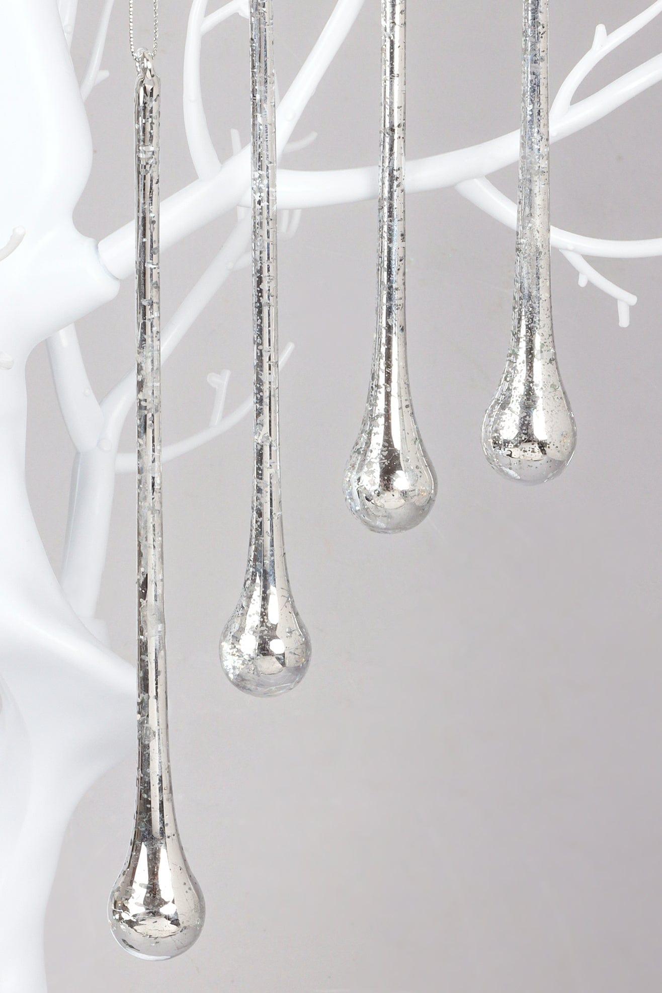 G Decor Christmas Decorations Silver Set of 6 Mottled Silver Glass Long Droplets