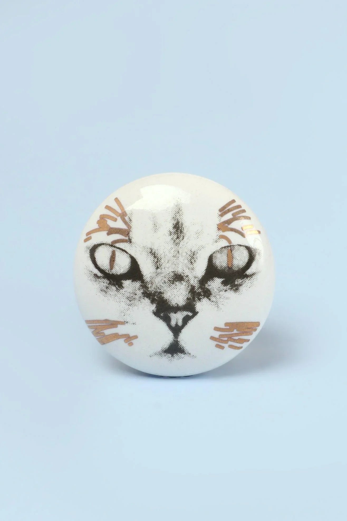 Sassy Meow Black and Gold Ceramic Cat Cabinet Knobs Set of 8 — lifestyle view, G Decor
