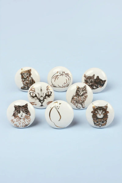 Sassy Meow Black and Gold Ceramic Cat Cabinet Knobs Set of 8