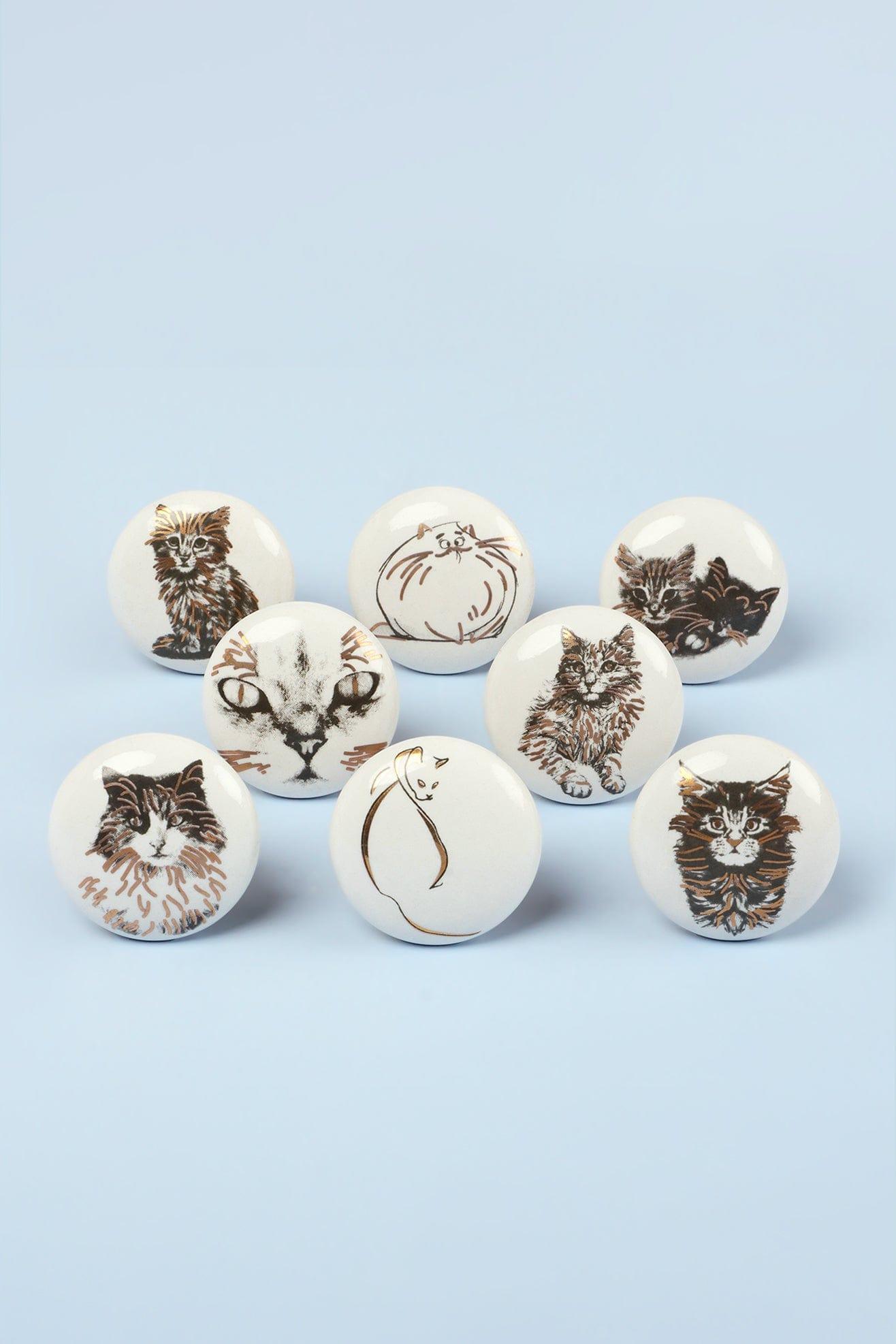 Set of 8 Black & Gold Ceramic Cat Door Knobs Sassy Meow Design - G Decor