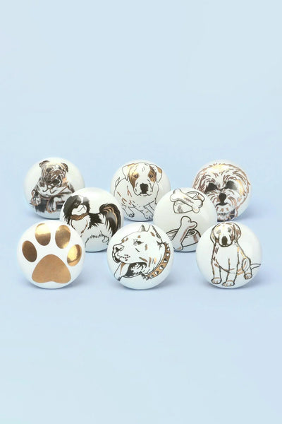 Playful Pup Black and Gold Ceramic Dog Cabinet Knobs Set of 8