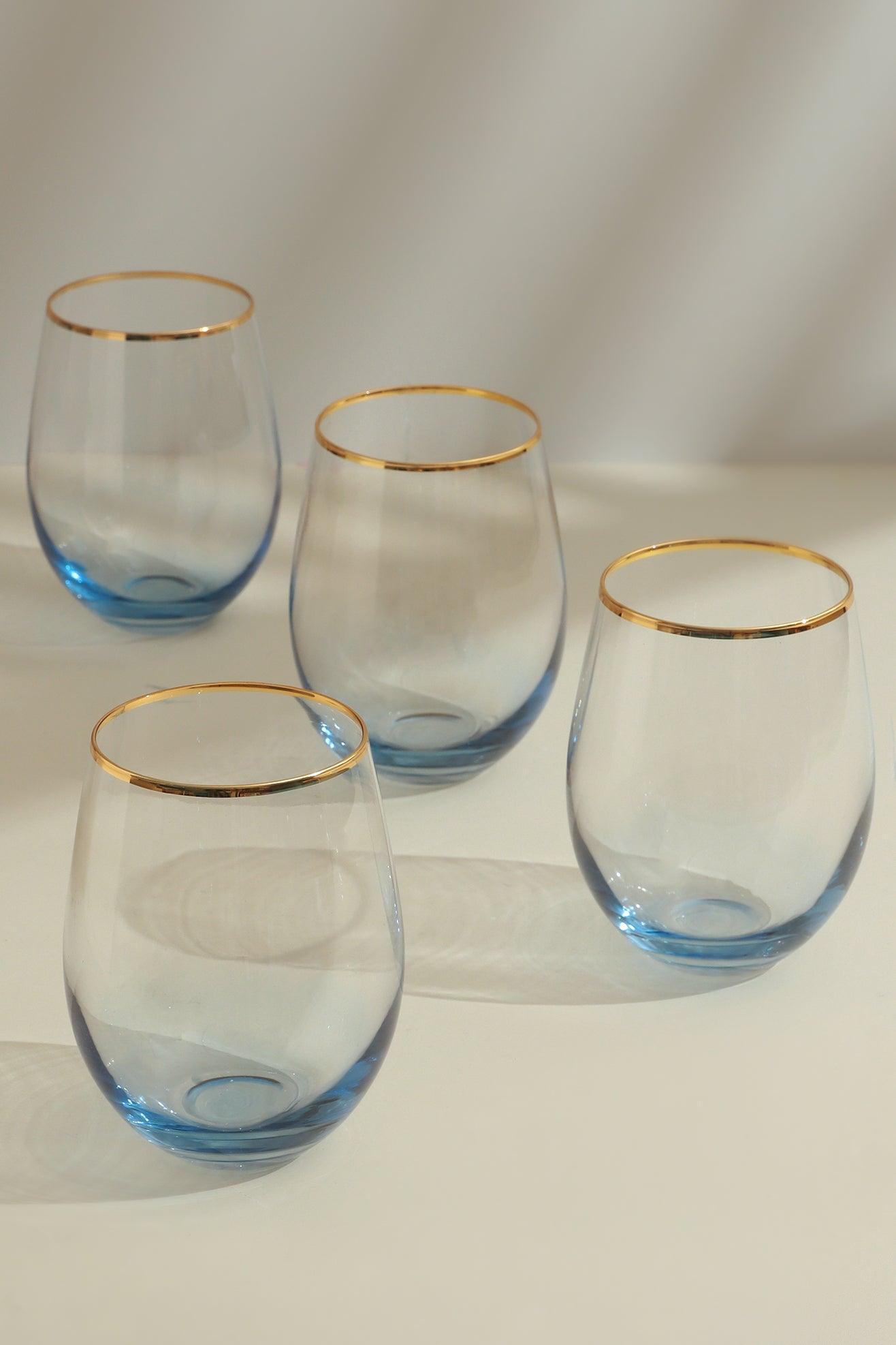 Set of Four Lazaro Blue Ombre Design with Gold Rim Tumbler Drinking Glasses - G Decor