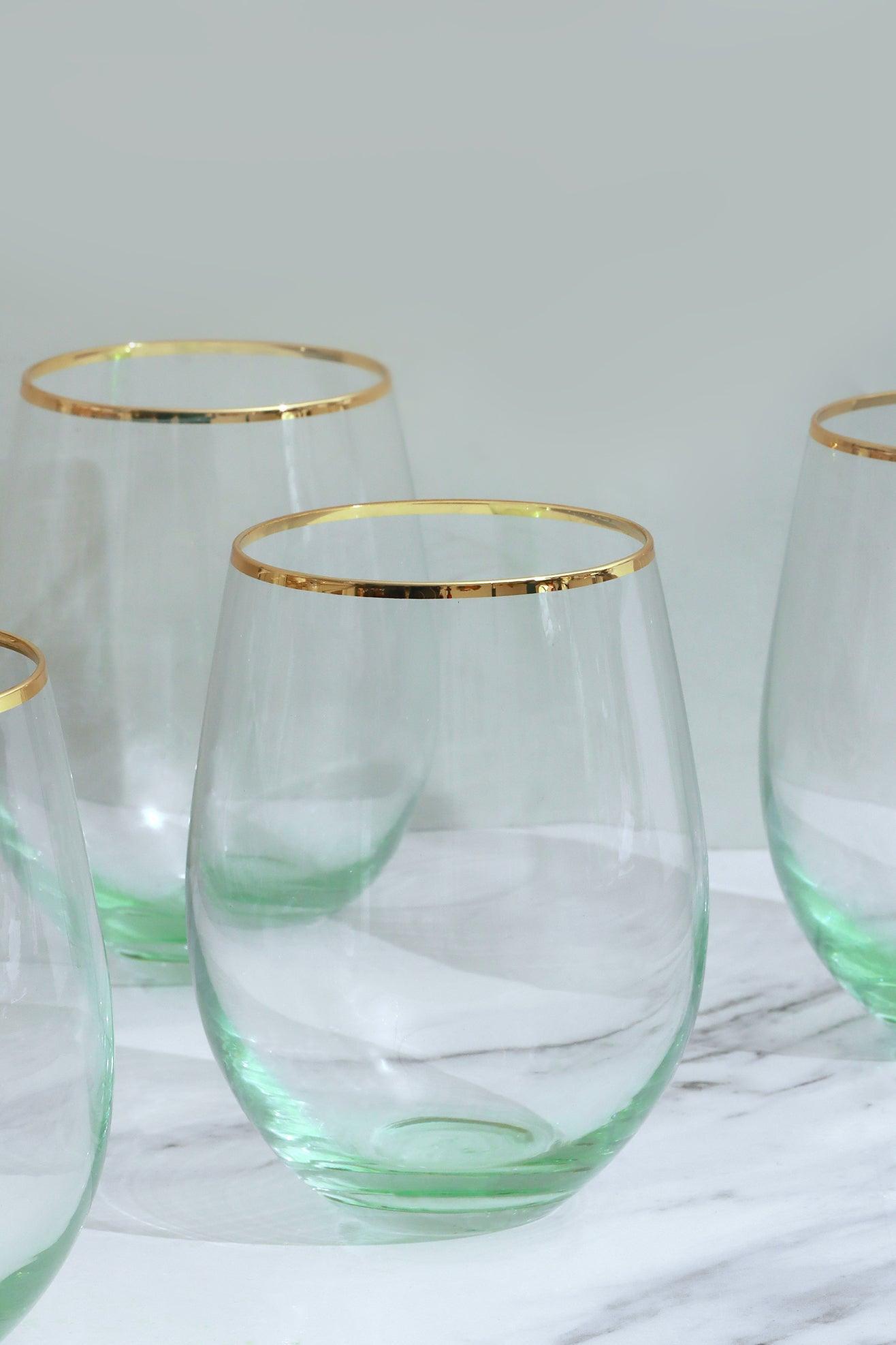 Set Of Four Lazaro Green Ombre Design with Gold Rim Tumbler Drinking Glasses - G Decor