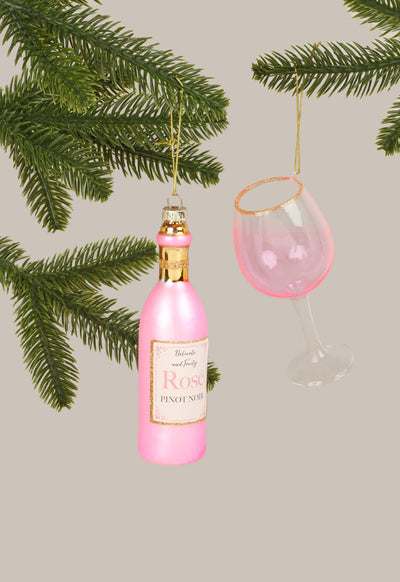 G Decor Christmas Decorations Pink Set of Rosé Wine Bottle and Glass Christmas Tree Ornaments