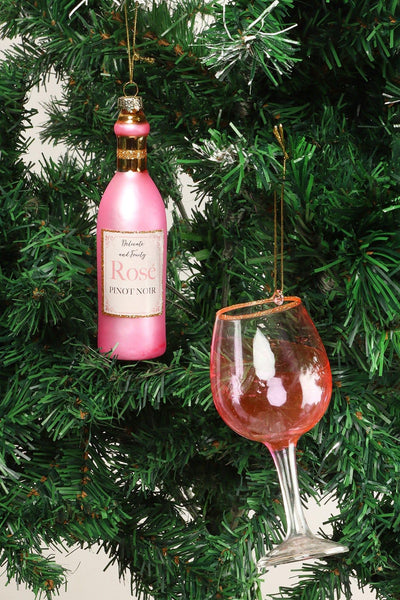 G Decor Christmas Decorations Pink Set of Rosé Wine Bottle and Glass Christmas Tree Ornaments