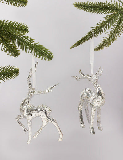 G Decor Christmas Decorations Silver Set of Two Glass Silver Mottled Reindeer Christmas Tree Decorations