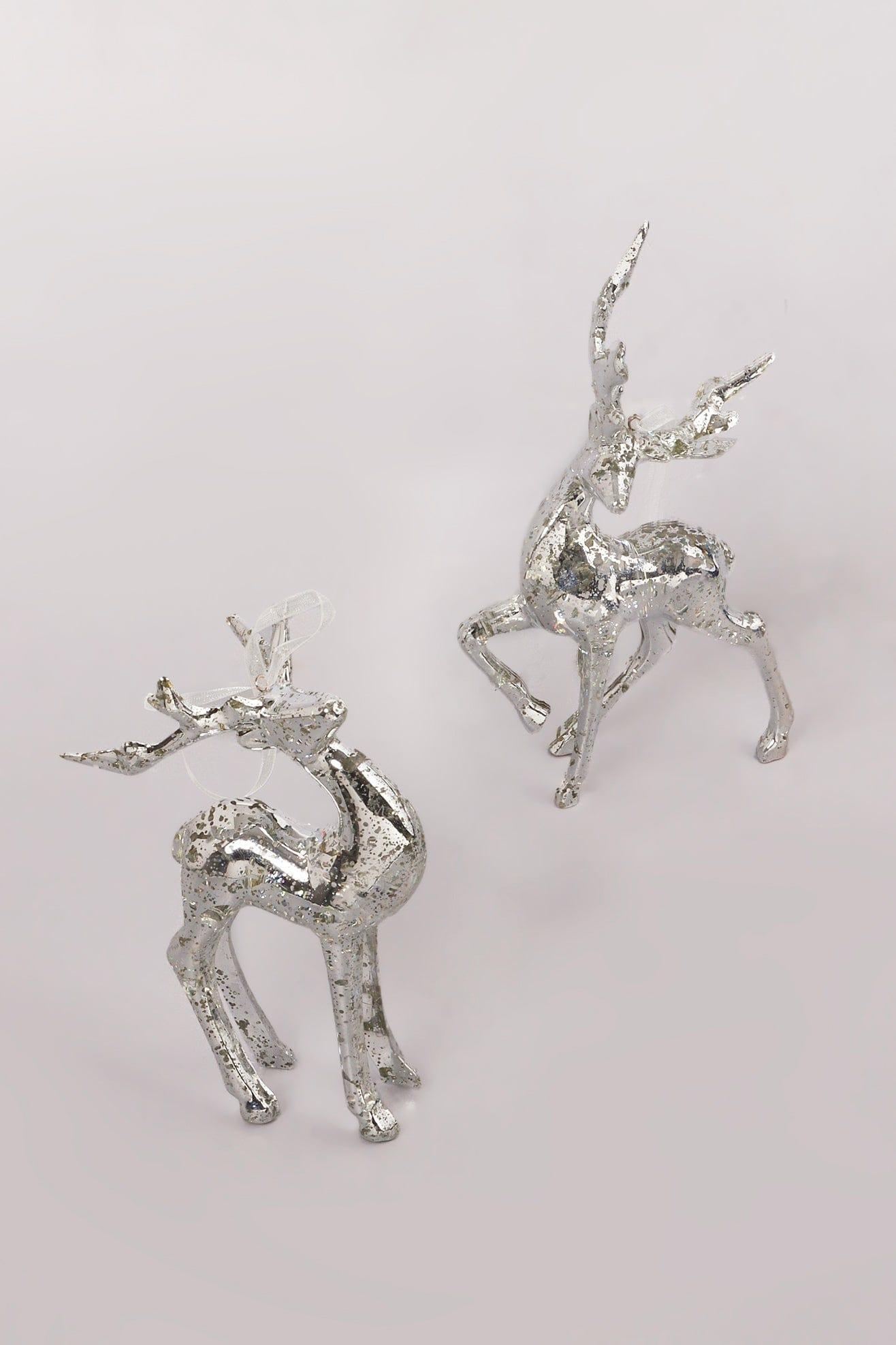 G Decor Christmas Decorations Silver Set of Two Glass Silver Mottled Reindeer Christmas Tree Decorations