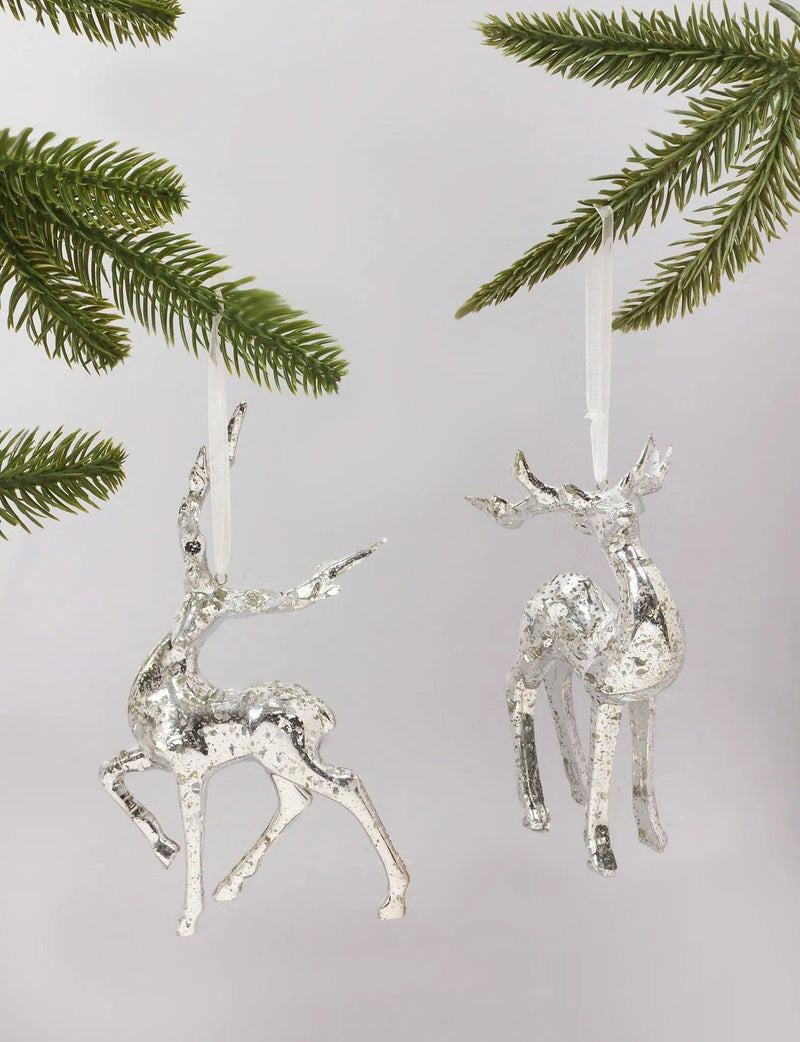 Set of Two Glass Silver Mottled Reindeer Christmas Tree Decorations