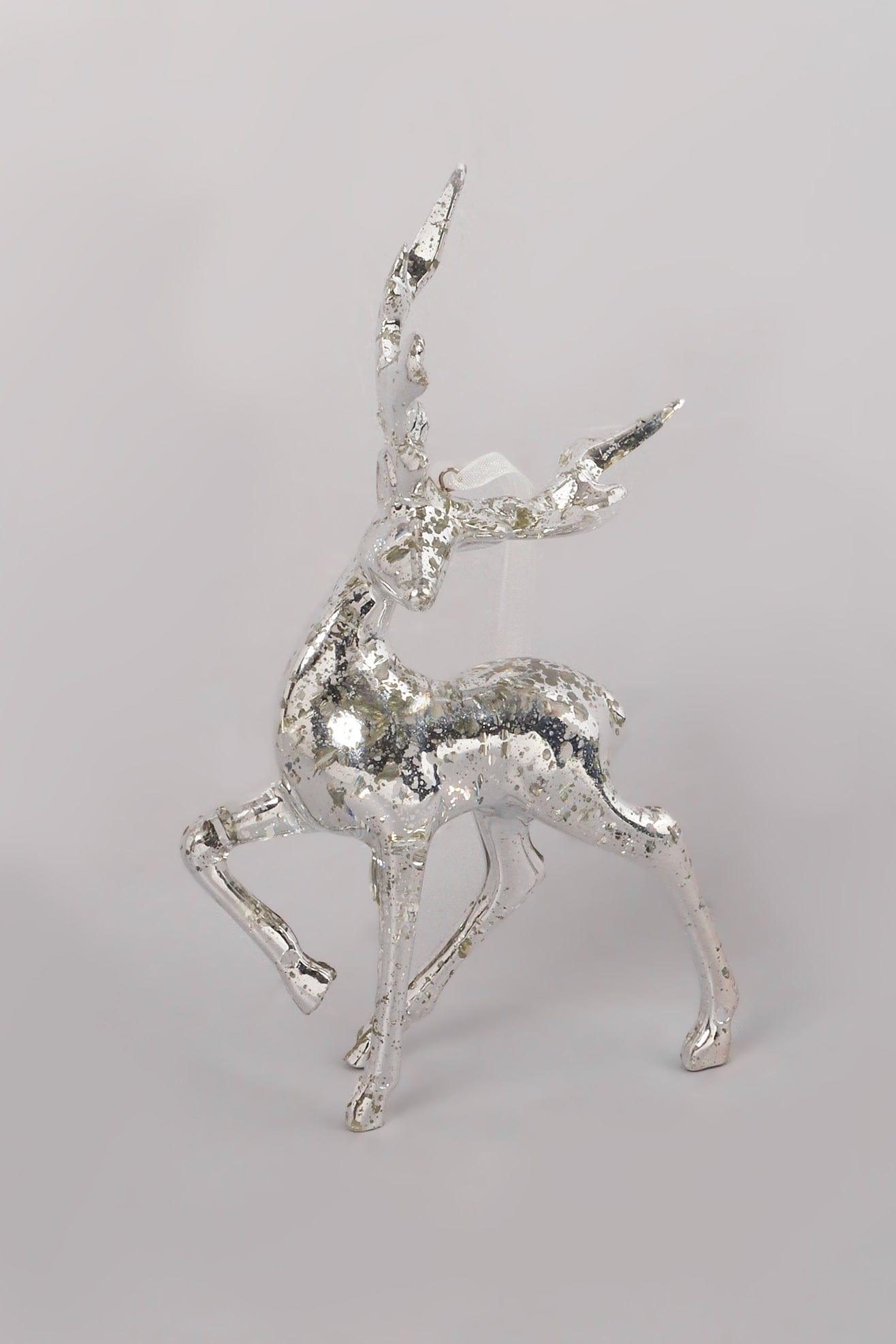 G Decor Christmas Decorations Silver Set of Two Glass Silver Mottled Reindeer Christmas Tree Decorations