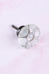 Clear six-petal flower glass cabinet knob on an antique brass finish base with its fixing bolt