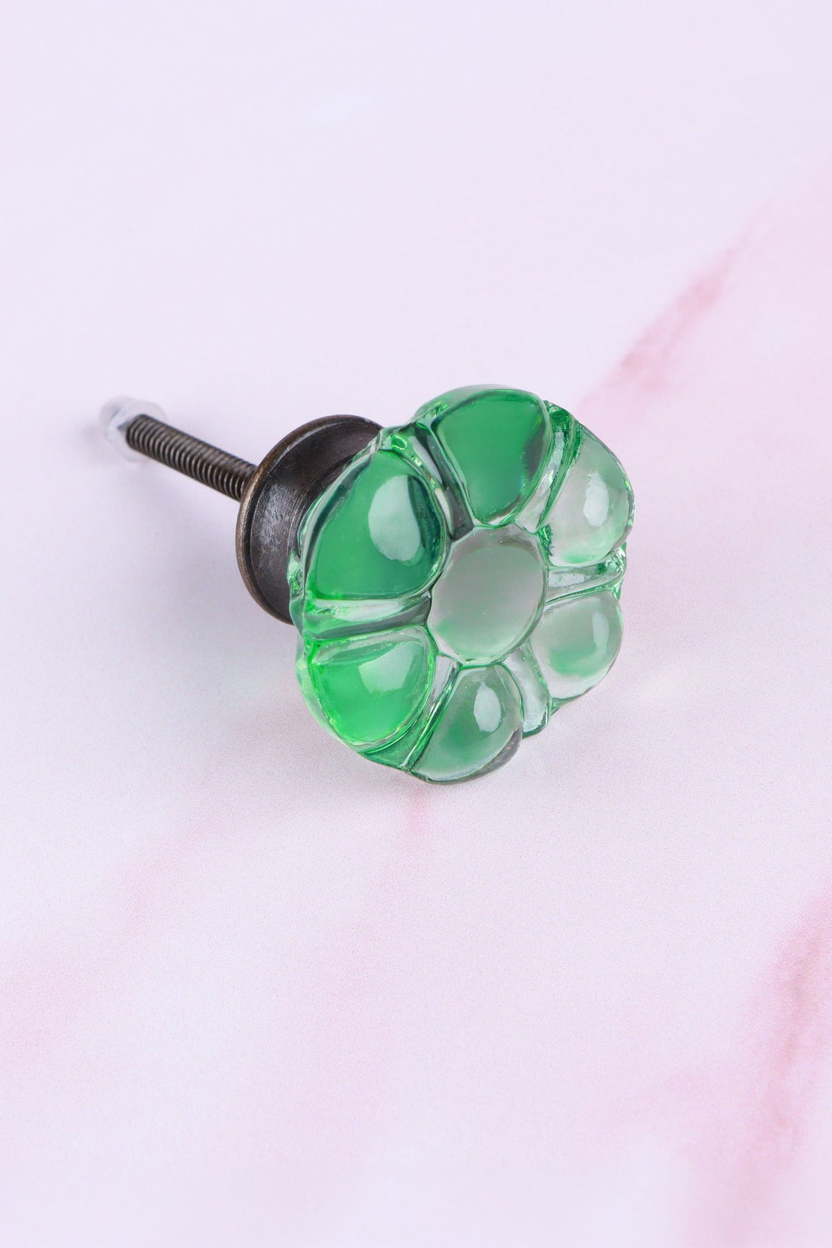 Light Green six-petal flower glass cabinet knob, a bright fresh green, on an antique brass finish base
