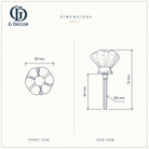 Size drawing of the six-petal flower glass knob: 39 mm across, 74 mm long overall with its 44 mm bolt, bolt 4 mm in diameter