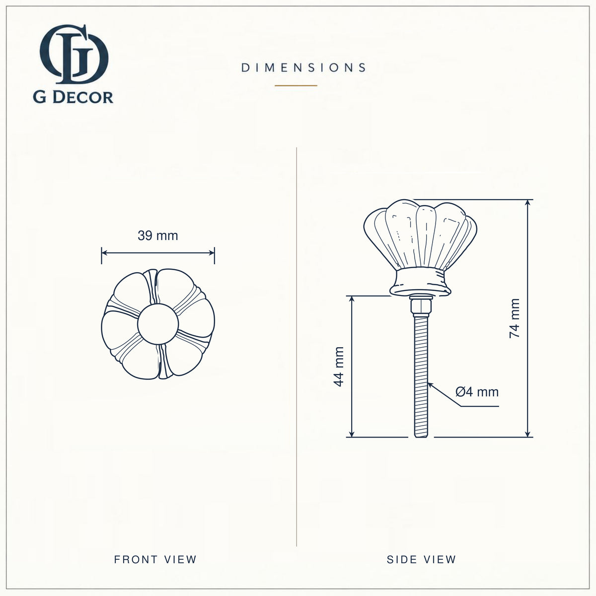 Size drawing of the six-petal flower glass knob: 39 mm across, 74 mm long overall with its 44 mm bolt, bolt 4 mm in diameter