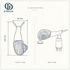 Size drawing of the brass snail door knocker: 125 mm (4.92 in) tall and 52 mm (2.05 in) wide; round mount 28 mm (1.10 in) across
