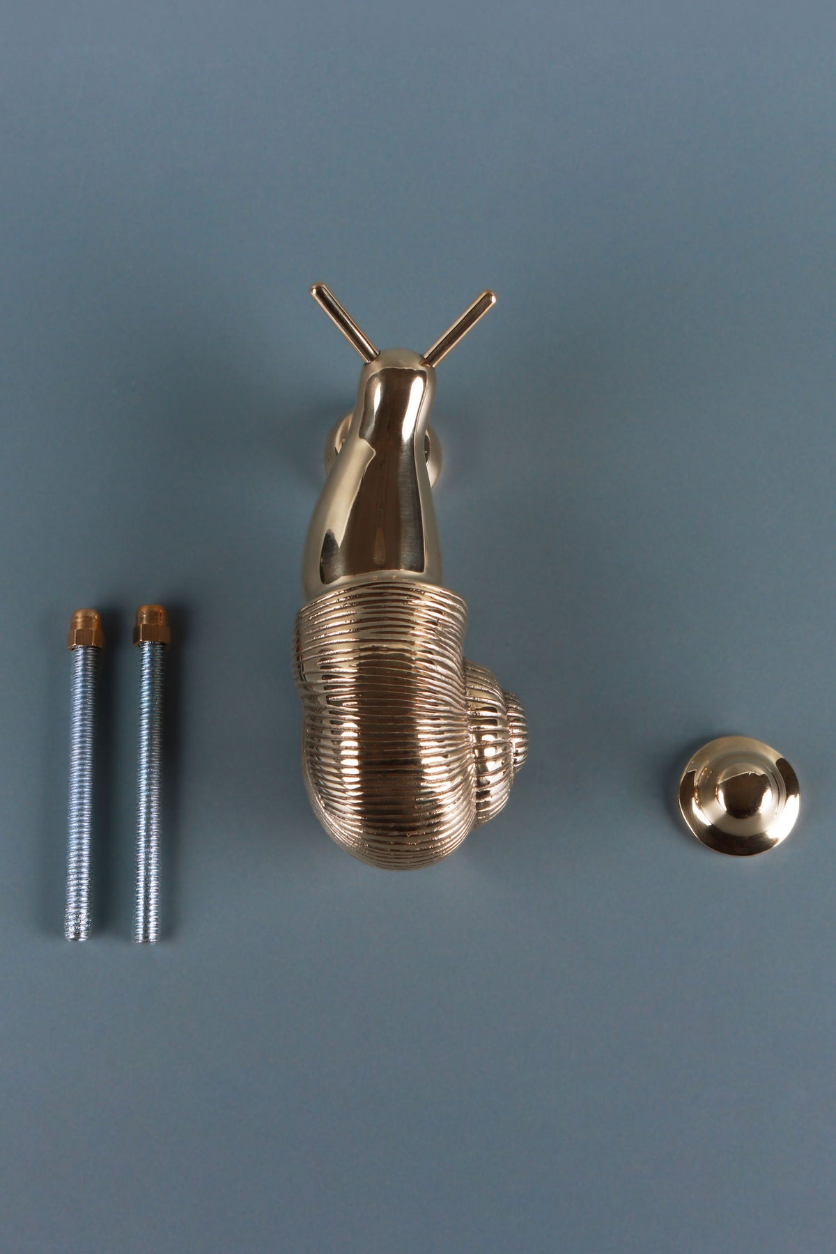 Brass snail door knocker on a blue-grey background with its two threaded fixing bolts and round strike button