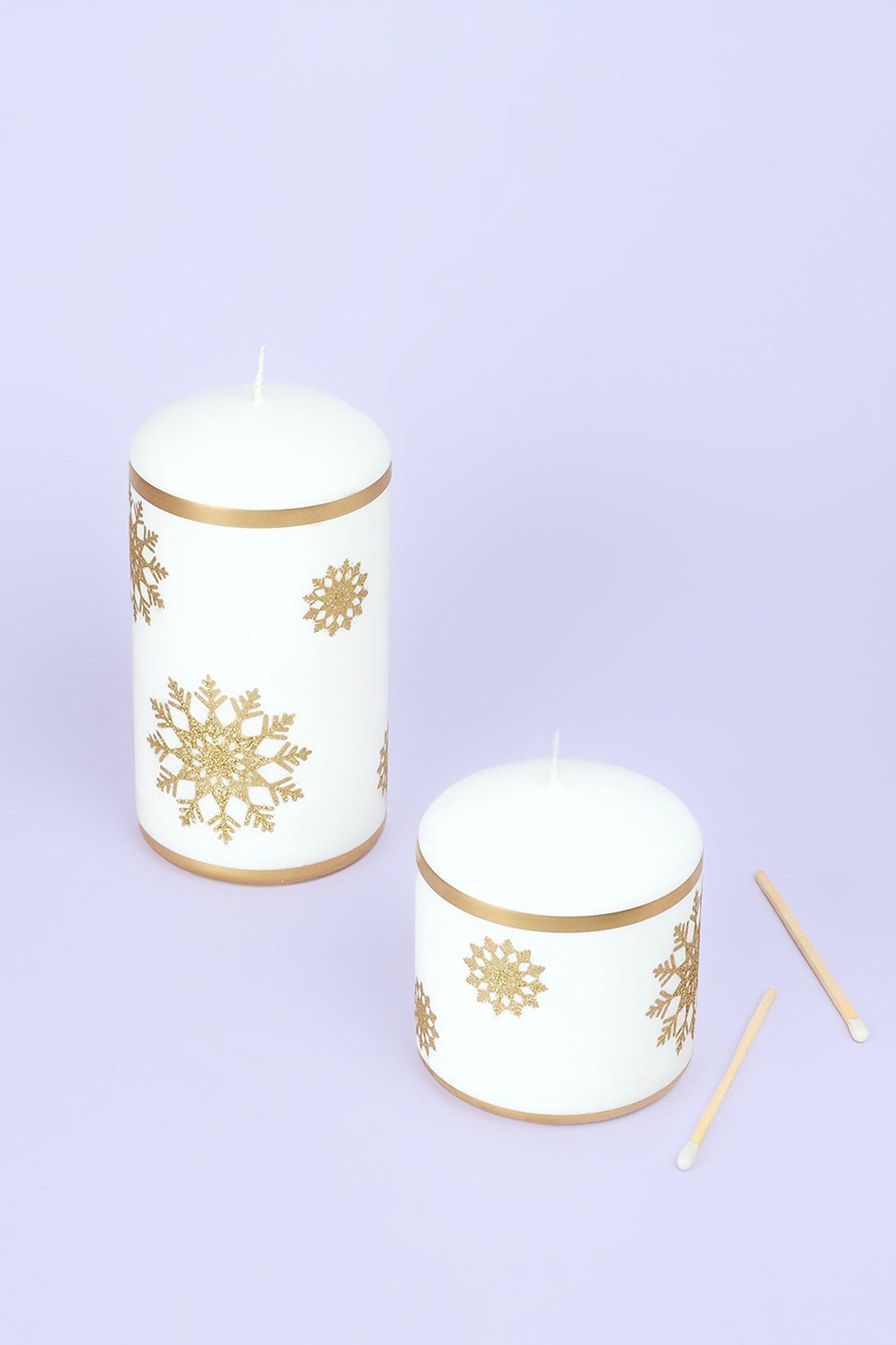 G Decor Candles & Candle Holders Snow White Pillar Candle with Gold Snowflakes