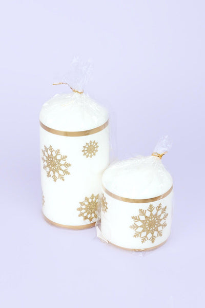 G Decor Candles & Candle Holders White / Set of Two Snow White Pillar Candle with Gold Snowflakes