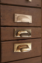 Square plate cup pull in polished, aged and satin brass