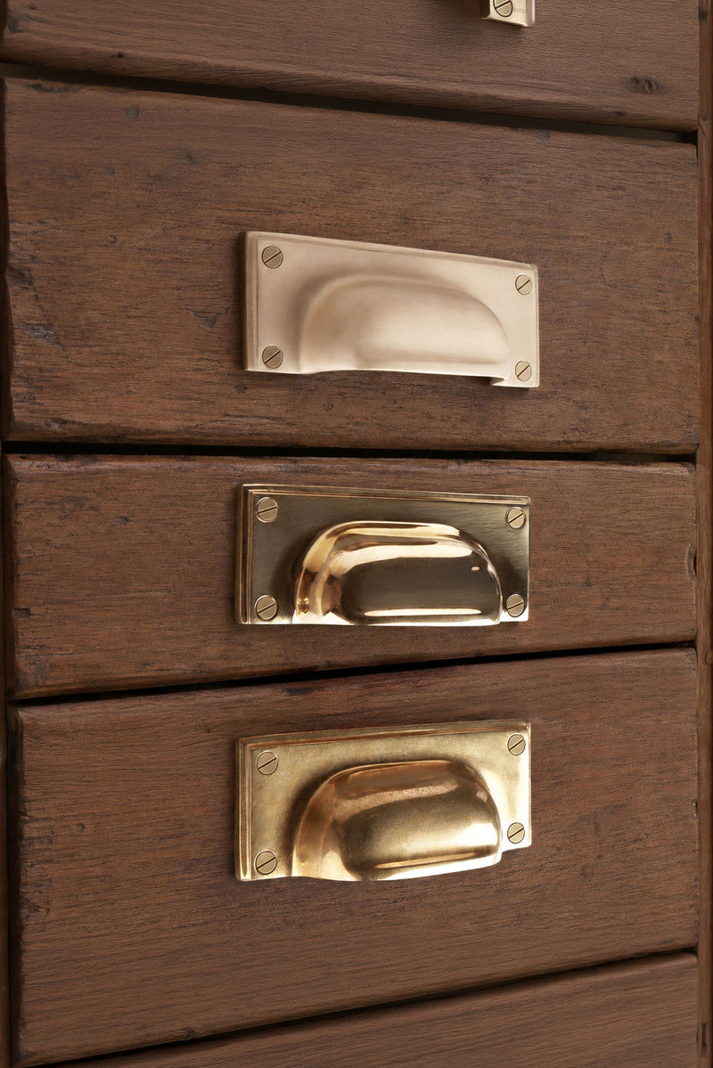 Brass Cup Pull with Square Backplate, 4 Inch Solid Brass Drawer Pull in Polished, Aged or Satin Brass, Kitchen Cupboard Cup Handle