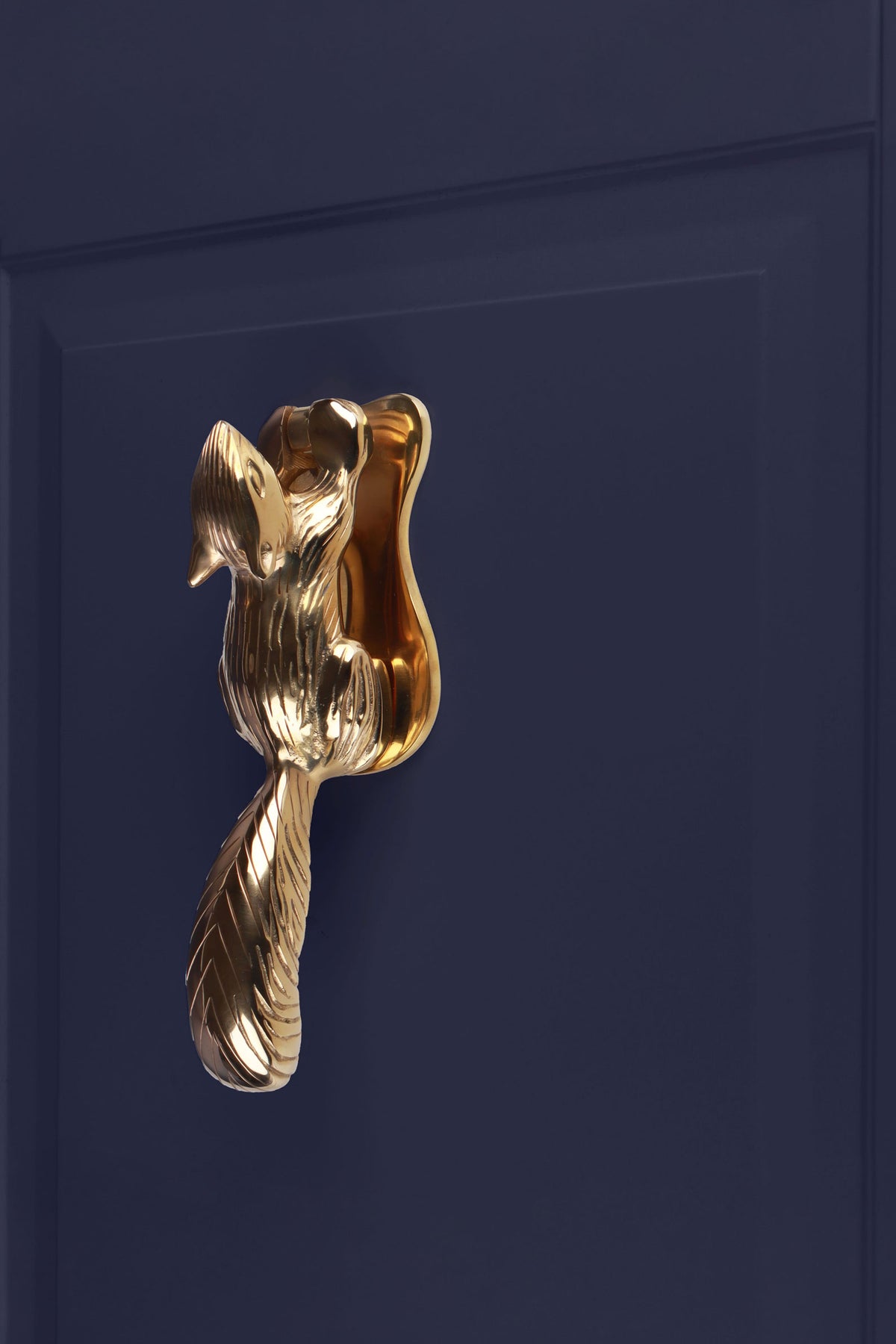 Polished brass squirrel door knocker fitted to a navy front door