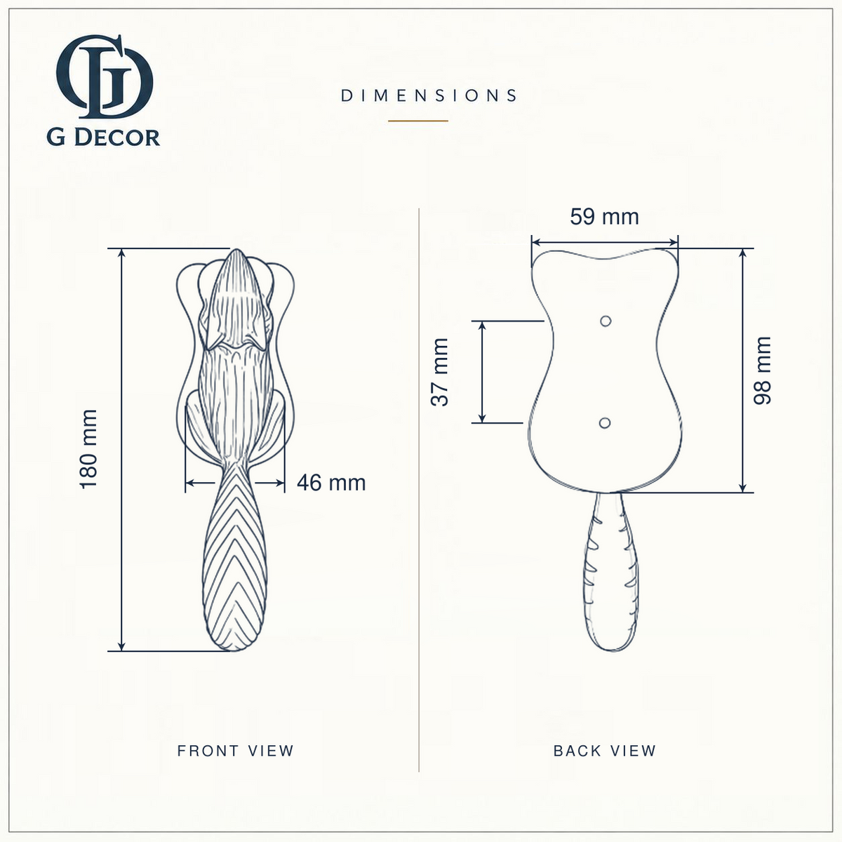 Size drawing of the brass squirrel door knocker: 180 mm (7.09 in) tall and 46 mm (1.81 in) wide; back plate 98 mm (3.86 in) tall and 59 mm (2.32 in) wide; screw holes 37 mm (1.46 in) apart