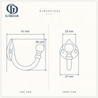 Size drawing of the teardrop hook: 60 mm (2.36 in) tall, sticks out 61 mm (2.40 in), back plate 37 mm (1.46 in) wide, screw holes 23 mm (0.91 in) apart