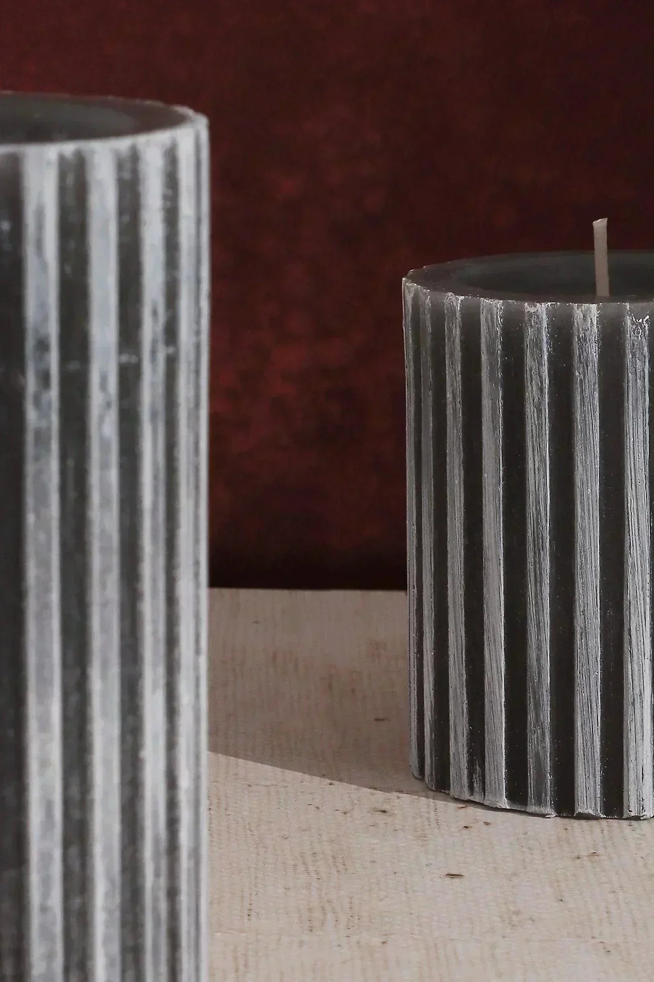 Textured Harmony Scented Pillar Candle in Dark Grey — close-up view, G Decor