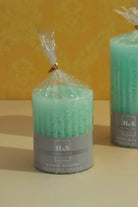 Textured Harmony Scented Pillar Candle in Light Green — lifestyle view, G Decor