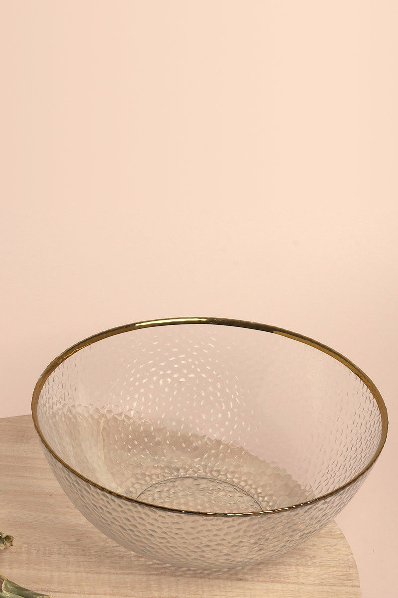 Thalia Large Hammered Glass Serving Bowl with Gold Rim